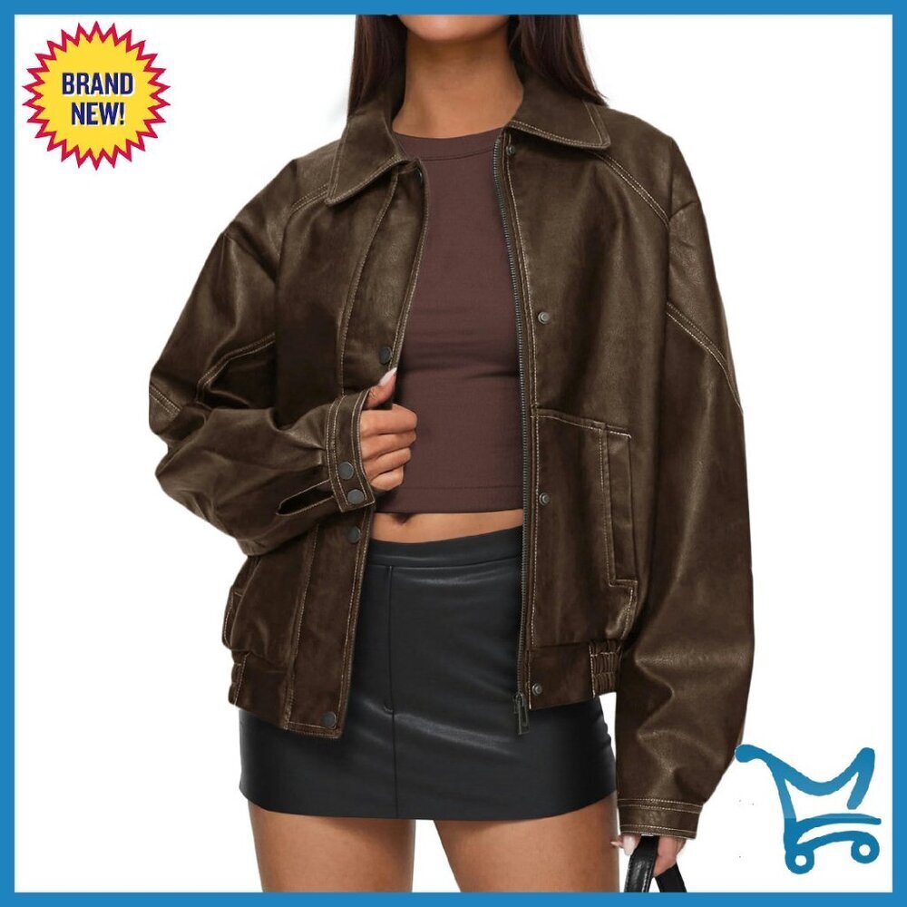 Oversized Faux Leather Bomber Jacket Women's Motorcycle Style Zip Up